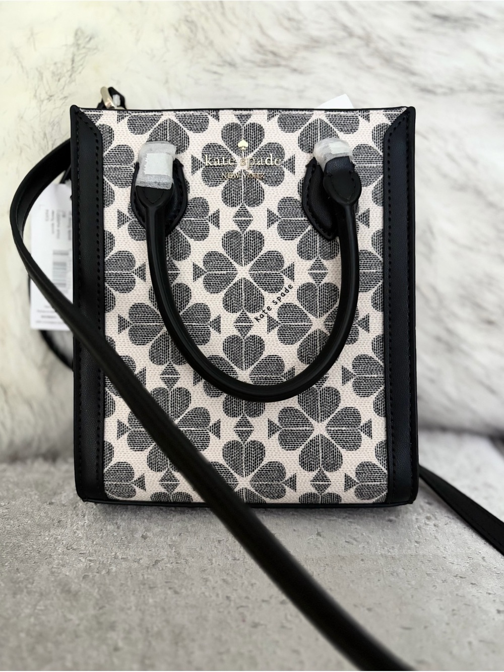 NWT Kate Spade Canvas Flower Jacquard Mini Tote Crossbody Black Grey & Cream